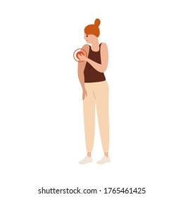 Unhappy Woman Having Arm Pain Vector Flat Illustration. Young Female Suffer From Ache In Elbow Or Shoulder Isolated On White. Sad Girl Holding Hand Feeling Hurt With Injury Or Damage