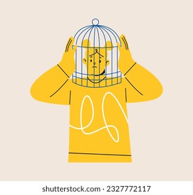 Unhappy woman with head in birdcage. Psychological problems concept. Colorful vector illustration
