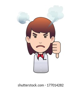 Unhappy woman with her thumb down over isolated background. Vector design. 
