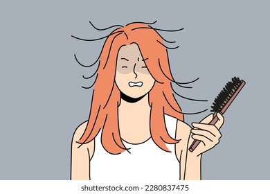 Unhappy woman holding hairbrush in hands struggle with static hair. Upset angry girl have static hairstyle. Vector illustration. 