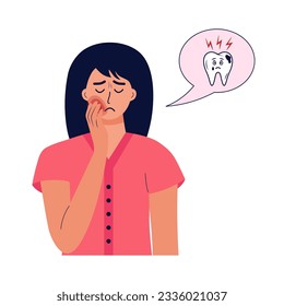 Unhappy woman holding her cheek and suffering from toothache. Cute cartoon tooth with caries in speech bubble. Concept of oral treatment, dental problem.