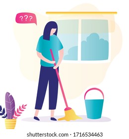 Unhappy woman holding mop, bucket near. Cleaning, household, mopping concept. Cleaning service, sad housewife. Female character in room. Flat trendy vector illustration