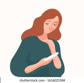 Unhappy woman holding negative result pregnancy test vector flat illustration. Sad female upset fertility problem isolated on white. Reproductive system throuble, inability to get pregnant concept.