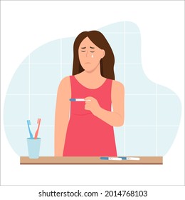 Unhappy woman holding negative result pregnancy test. Sad woman is crying in bathroom.Ovulation test. In despair.Inability to get pregnant concept.Vector illustration