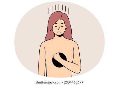 Unhappy woman with hole in body suffer from depression and psychological disorder. Upset sad girl feeling empty inside having mental problems. Healthcare concept. Vector illustration.