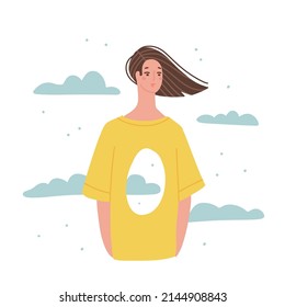 Unhappy woman with a hole inside herself. Metaphor on reflection of inner emptiness. Psychological trauma and disorders, depression, loss,loneliness. Hole in chest. Flat vector character illustration.