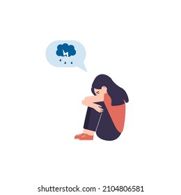 Unhappy woman hugs his knees and sits on the floor with rainy cloud above his. Sad girl is crying. character feels depression, sorrow, grief. Mental disorder or illness concept. Vector illustration