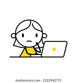 Unhappy woman with laptop busy to finish project within deadline. Tired office worker. Work stress, fatigue from overworked, anxiety or exhaustion, headache concept. Vector stock illustration.