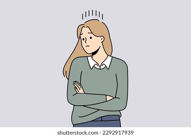 Unhappy woman look in distance thinking and brainstorming. Distressed girl feel upset and frustrated frowning and worrying. Vector illustration. 