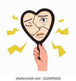 Unhappy woman looking in the mirror and crying. Concept of psychological problem, inner conflict and low self-esteem. Hand drawn vector cartoon style illustration.