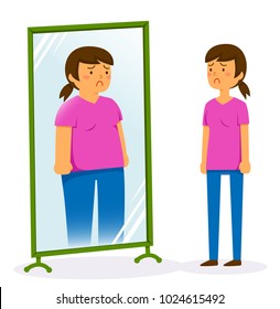 Unhappy woman looking in the mirror and seeing a fat image of herself