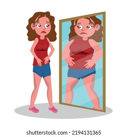 Unhappy woman looking in the mirror and seeing a fat image of herself.