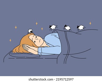 Unhappy woman lying in bed counting sheep suffer from insomnia. Stressed female suffer from thoughts unable to sleep. Health problems. Vector illustration. 