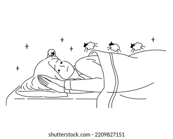 La mujer infeliz que yace en la cama contando ovejas sufre de insomnio. Las mujeres estresadas sufren de pensamientos incapaces de dormir. Problemas de salud. Ilustración vectorial. 