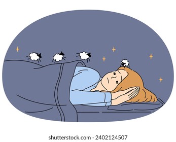 Unhappy woman lying in bed counting sheep suffer from insomnia. Stressed female suffer from thoughts unable to sleep. Health problems. Vector illustration.