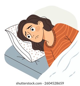 Unhappy woman lying in bed with insomnia. poster and banner about mental health