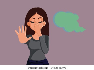 
Unhappy Woman Making Stop Gesture Sensing Bad Odor Vector Illustration. Girl sensing a strange and awful odor from pollution  
