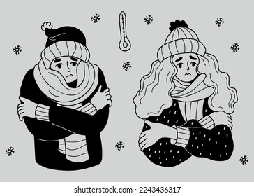 Unhappy woman and man in knitted hat and wrapped in scarf freezing wearing and shivering. vector illustration doodle. Winter season diseases and colds and suffering of low minus degrees temperature