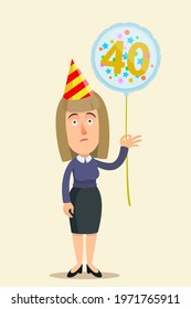 Unhappy Woman On Her Birthday. Sad 40 Year Old Woman, Midlife Crisis. Vector Illustration, Flat Design, Cartoon Style, Isolated Background.