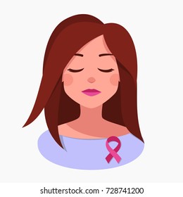 Unhappy Woman with Pink Ribbon. Vector Breast Cancer Awareness. Girl Shows Solidarity. Pink Ribbon on Woman Breast. Vector Illustration Isolated from background