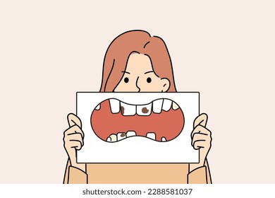 Unhappy woman with placard in hands showing unhealthy teeth. Stressed girl demonstrate teeth decay and caries. Dentistry and oralcare. Vector illustration. 