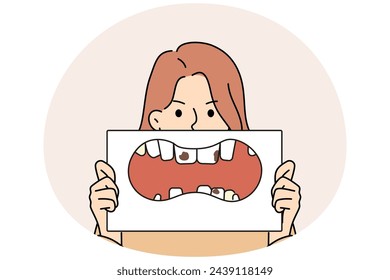 Mujer infeliz con un cartel en las manos que muestra dientes poco saludables. Chica estresada demuestra caries y caries dental. Odontología y cuidado bucal. Ilustración vectorial.