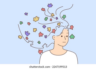 Unhappy woman with puzzles in head suffer from personality disorder. Distressed female rebuild personality with jigsaw pieces. Mental recovery and healthcare. Vector illustration. 