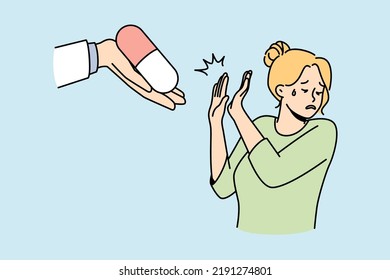 Unhappy woman refuse taking medication offered by doctor. Anxious frustrated girl reject medicine or pills from medical prescription. Vector illustration. 