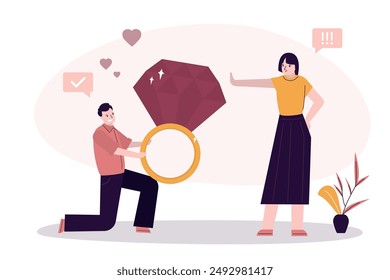 Unhappy woman refused man to marry him. Girlfriend did not accept wedding ring as gift. Marriage proposal rejection, woman said - no. Boyfriend give giant ring with diamond. flat vector illustration