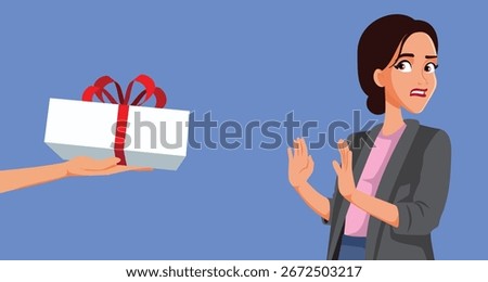 
Unhappy Woman Refusing a Bribing Gift at Work Vector Cartoon. Businesswoman refusing influence peddling incentive from a corrupt person