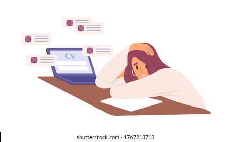Unhappy woman with resume rejected by employer vector flat illustration. Hopeless female sit on desk with laptop during problems in job seeking isolated. Unsuccessful employment attempt at crisis
