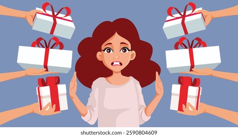 
Unhappy Woman Saying No to Gifts Vector Cartoon Illustration. Girl refusing denying unsolicited present boxes from suitors 