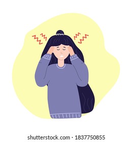 Unhappy woman with severe headache. Migraine, health problems and pain head. Flat illustration.