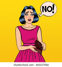 Unhappy Woman Showing Empty Wallet. Financial Failure. Pop Art Vector illustration