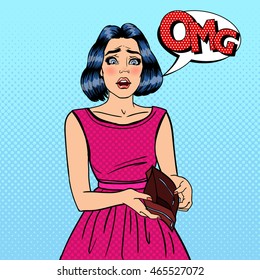 Unhappy Woman Showing Empty Wallet. Financial Failure. Pop Art Vector illustration