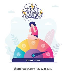 Unhappy woman sits and cries on measuring scale. Indicator shows high level of stress. Burnout at work, psychological pressure. Female character with mental problems. Flat vector illustration