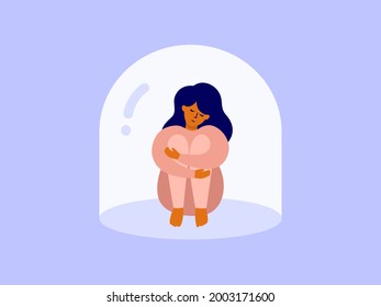 Unhappy woman sitting hugging her knees under real or imagined glass dome. Mental disorder, female depression, loneliness. Upset girl in psychological trapped, cage. Void or vacuum vector illustration