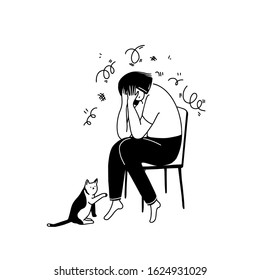 Unhappy woman sitting on chair and crying covering her face with hands. Anxiety and depression concept vector illustration. Cat support. Panic attack