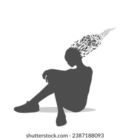 Unhappy woman sitting on floor and hug her knee, thinking about problems. Brain damage, cognitive disfunction. Alzheimer's disease. Illustration of a woman with brain broken into pieces.