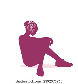 Unhappy woman sitting on floor and hug her knee, thinking about problems. Upset girl feeling lonely and sad, psychological and mental troubles. Suffering from bad relationship or break up