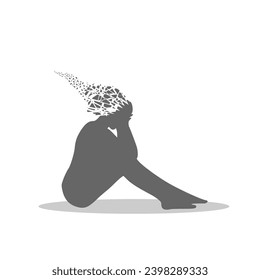 Unhappy woman sitting on floor and hug her head, thinking about problems. Brain damage, cognitive disfunction. Alzheimer's disease. Illustration of a woman with brain broken into pieces.