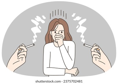 Unhappy woman suffer from people smoking near her. Upset unhealthy female passive smoker have effect of cigarettes. Bad habit. Vector illustration.