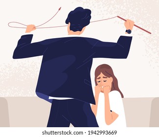 Unhappy woman suffer from psychological pressure and bad attitude of aggressive man. Domestic violence or abuse of authority concept. Home tyrant threatening his victim. Flat vector illustration