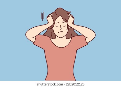 Unhappy woman suffer from repetitive thoughts. Upset girl struggle with overthinking struggle with mental psychological problems. Vector illustration. 