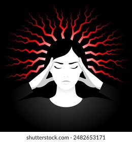 Unhappy woman is suffering from headache, unbearable migraine, obsessive depressive thoughts, anxiety disorder, fatigue or nervous tension, looking stressful and depressed. Concept of mental health