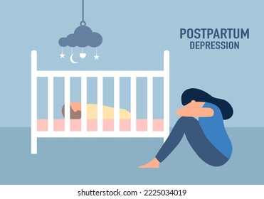 Unhappy woman suffering from postpartum depression concept vector illustration.