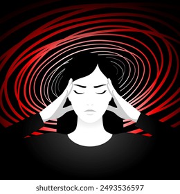 Unhappy woman is suffering from vertigo, feeling dizzy caused by fatigue, nervous tension or lack of sleep. Symptoms of stress and overworking. Concept of health problems