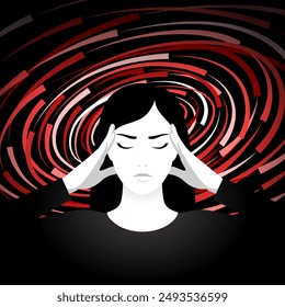 Unhappy woman is suffering from vertigo, feeling dizzy caused by fatigue, nervous tension or lack of sleep. Symptoms of stress and overworking. Concept of health problems