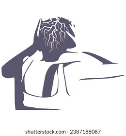 Unhappy woman thinking about problems. Upset girl feeling lonely and sad, psychological and mental troubles. Suffering from bad relationship or break up. An electric lightning bolt strike in the head.