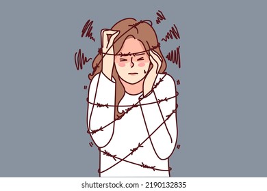 Unhappy Woman In Tight Ropes Suffer From Mental Or Psychological Problems. Upset Stressed Girl Struggle With Overthinking Or Anxiety Limit Life. Vector Illustration. 